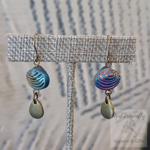 Glass Seashell Dangle Earrings - blue-green and bronze