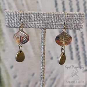 Glass Seashell Dangle Earrings - smoke topaz and bronze