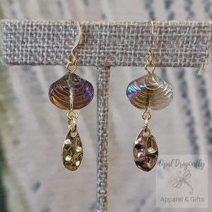 Glass Seashell Dangle Earrings - smoke topaz and hammered gold