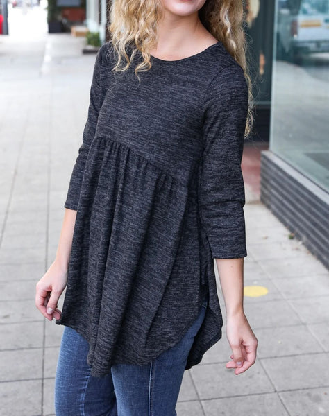 "Krista" Marled Black Babydoll 3/4 Sleeve Tunic