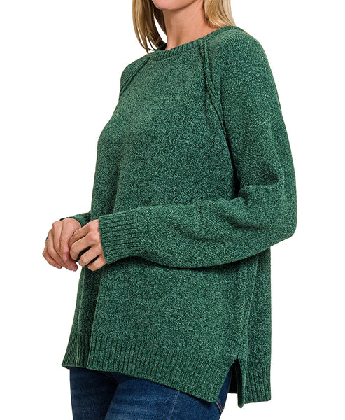 "Molly" Raglan Sleeve Chenille Sweater in DARK GREEN