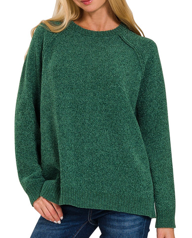 "Molly" Raglan Sleeve Chenille Sweater in DARK GREEN