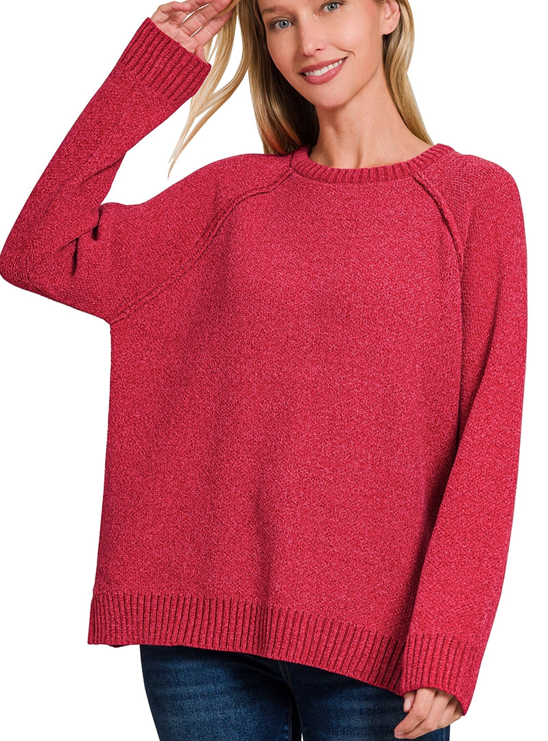 "Molly" Raglan Sleeve Chenille Sweater in DARK RED