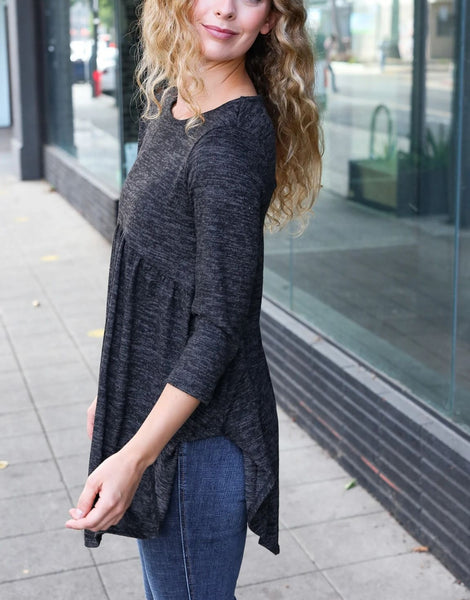 "Krista" Marled Black Babydoll 3/4 Sleeve Tunic