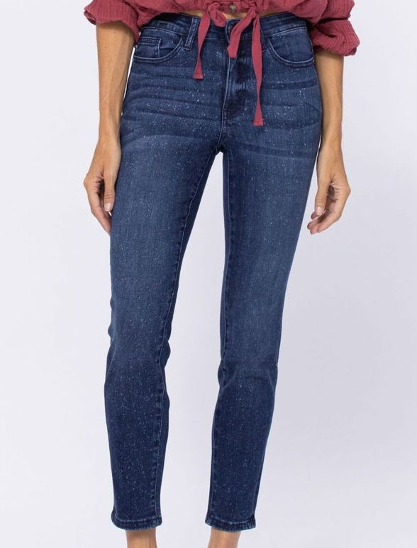 "Judy Blue" Stretch Denim Jeans - Medium-Wash Blue Speckled Mid-rise Relaxed Fit (M)